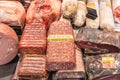 Salami, sausages, meat and delicatessen products on display in a