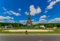 Paris, France June 1, 2015: Beautiful and world famous Eiffel Tower rises up from the city on a glorious sunny day