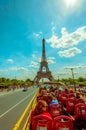 Paris, France June 1, 2015: Beautiful and world famous Eiffel Tower rises up from the city on a glorious sunny day