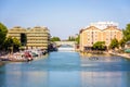 The former warehouses and the lift bridge on La Villette basin in Paris, France