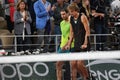 Injured tennis player Alexander Zverev of Germany enters court on crutches after his semi-final match against Rafael Nadal Royalty Free Stock Photo