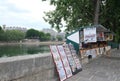 PARIS, FRANCE Ã¢â¬â JUNE 07, 2020: Old booths stalls of typical Parisian booksellers selling second-hand and antique and souvenirs