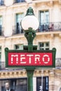 Metro subway sign. Paris, France