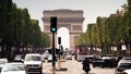 PARIS, FRANCE - JUNE 11, 2023. Road traffic jam on Avenue des Champs-Elysees and distant Arc de Triomphe de l'Etoile Royalty Free Stock Photo