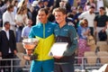 2022 Roland Garros Champion Rafael Nadal of Spain L and Casper Ruud of Norway during trophy presentation after men`s final