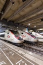 TGV Duplex high-speed trains of SNCF at Gare Paris Montparnasse railway station portrait format in France Royalty Free Stock Photo