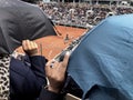 PARIS, France, June 7th, 2019 : Court Philippe Chatrier of the French Open Grand Slam tournament, in the rain before the