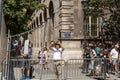 Paris, FRANCE - June 27, 2019: tourists taking photos of the damagend Notre-Dame de Paris