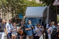 Paris, FRANCE - June 27, 2019: tourists taking photos of the damagend Notre-Dame de Paris