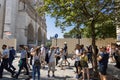 Paris, FRANCE - June 27, 2019: tourists taking photos of the damagend Notre-Dame de Paris