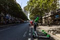 Paris, FRANCE - June 27, 2019: View of Lime electric scooters, rented through a mobile app and dropped off anywhere in the French Royalty Free Stock Photo