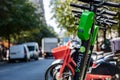 Paris, FRANCE - June 27, 2019: View of Lime electric scooters, rented through a mobile app and dropped off anywhere in the French