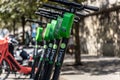 Paris, FRANCE - June 27, 2019: View of Lime electric scooters, rented through a mobile app and dropped off anywhere in the French