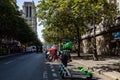 Paris, FRANCE - June 27, 2019: View of Lime electric scooters, rented through a mobile app and dropped off anywhere in the French Royalty Free Stock Photo