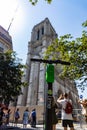 Paris, FRANCE - June 27, 2019: View of Lime electric scooters, rented through a mobile app and dropped off anywhere in the French Royalty Free Stock Photo