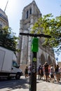 Paris, FRANCE - June 27, 2019: View of Lime electric scooters, rented through a mobile app and dropped off anywhere in the French Royalty Free Stock Photo