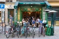 View of typical French cafe Au Petit fer a cheval in the quarter Marais, the historic Parisian district set on the Right