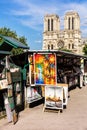 Vintage books and paintings on embankment of River Seine near No Royalty Free Stock Photo