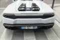 Paris France 02 June 2018 White Lamborghini rear view parking on the street of Paris