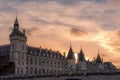 Beautiful sunset on the banks of the Seine with conciergerie monument in background in Paris Royalty Free Stock Photo