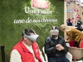 Experiencing virtual reality at International agriculture meeting at Paris, France. Mature adult guy wearing innovative vr headset