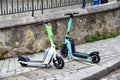 Electric Rental Scooters left on the street. Paris, France. March 30, 2023.