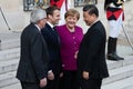 PARIS, FRANCE - MARCH 25, 2018 : Emmanuel Macron, Angela Merkel and Jean-Claude Juncker and Xi Jinping at the Elysee Palace