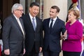 PARIS, FRANCE - MARCH 25, 2018 : Emmanuel Macron, Angela Merkel and Jean-Claude Juncker and Xi Jinping at the Elysee Palace