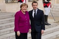 PARIS, FRANCE - MARCH 25, 2018 : Emmanuel Macron welcoming Angela Merkel at ElysÃÂ©e Palace