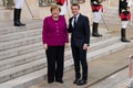 PARIS, FRANCE - MARCH 25, 2018 : Emmanuel Macron welcoming Angela Merkel at ElysÃÂ©e Palace