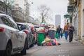 Paris, France - March 12, 2023: Messy streets with overfull garbage bins during binmen strike in Paris, France