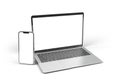 PARIS - France - March 15, 2023: Newly released Apple Macbook Air and Iphone 14, Silver color. Side view. 3d rendering laptop