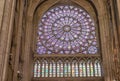 Paris, France - March 13, 2018: Stained glass window in Notre dame cathedral. North Rose window at Notre Dame cathedral dates