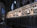 Paris, France - March 31, 2019: 14th Century wood reliefs in Notre-Dame de Paris Cathedral telling the story of the life of Jesus