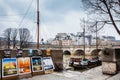 Tour Eiffel artwork being sold close to the Pont Neuf in a cold winter day in Paris