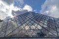 Paris, France - March 17, 2018: View of pyramid of Louvre museum from inside at night Royalty Free Stock Photo
