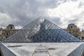 Paris, France - March 13, 2018: View of pyramid of Louvre museum from inside at night Royalty Free Stock Photo