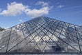 Paris, France - March 13, 2018: View of pyramid of Louvre museum from inside at night Royalty Free Stock Photo
