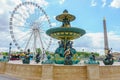 Paris, France - May 3, 2017: Fountain of the Rivers at the center of the Place de la Concorde with The Obelisk of Luxor and The B Royalty Free Stock Photo