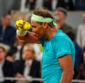 Grand Slam champion Rafael Nadal of Spain in action during his 2024 Roland Garros first round match against Alexander Zverev