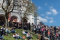 PARIS, FRANCE - MAY 1 2016 - Montmartre stairway crowded of people for sunday sunny day Royalty Free Stock Photo