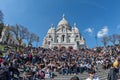 PARIS, FRANCE - MAY 1 2016 - Montmartre stairway crowded of people for sunday sunny day Royalty Free Stock Photo