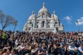 PARIS, FRANCE - MAY 1 2016 - Montmartre stairway crowded of people for sunday sunny day Royalty Free Stock Photo