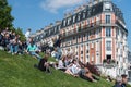 PARIS, FRANCE - MAY 1 2016 - Montmartre stairway crowded of people for sunday sunny day Royalty Free Stock Photo