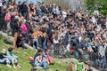 PARIS, FRANCE - MAY 1 2016 - Montmartre stairway crowded of people for sunday sunny day Royalty Free Stock Photo