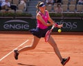 Elena Rybakina of Kazakhstan in action during first round match against Brenda Fruhvirtova of Czech Republic at 2023 Roland Garros