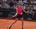 Elena Rybakina of Kazakhstan in action during first round match against Brenda Fruhvirtova of Czech Republic at 2023 Roland Garros