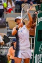 Iga Swiatek of Poland celebrates victory after women singles first round match against Cristina Bucsa at 2023 Roland Garros