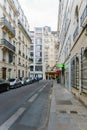 Paris, France - May 1, 2017: Rue Geoffroy - Marie road in evening, the small alley in central Paris on May 1, 2017, in