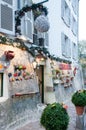 Paris, France, 11.22.2018 Montmartre, charming street gallery shop with different New Year`s Christmas colorful souvenirs